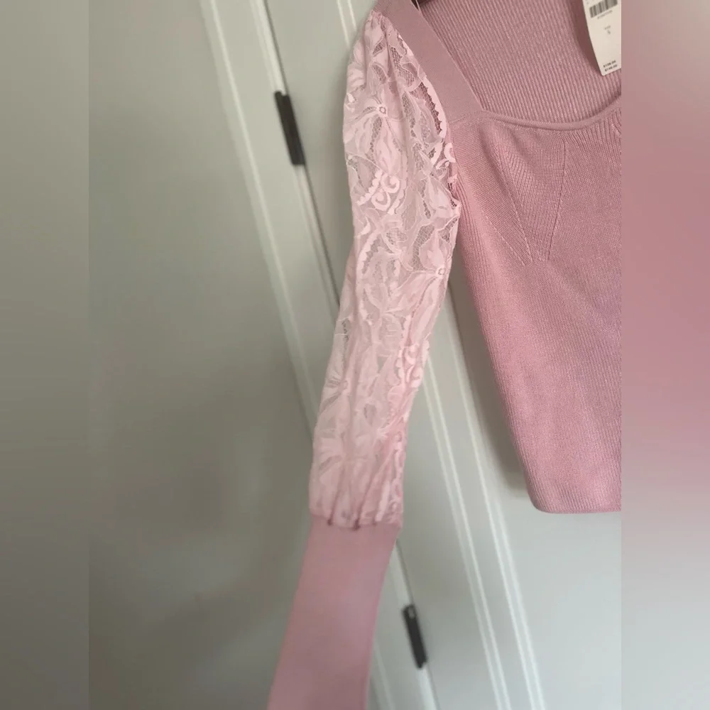 NWT Anthropologie Gayla Pink Lace Puff Sleeve Bodice Knit Sweater
